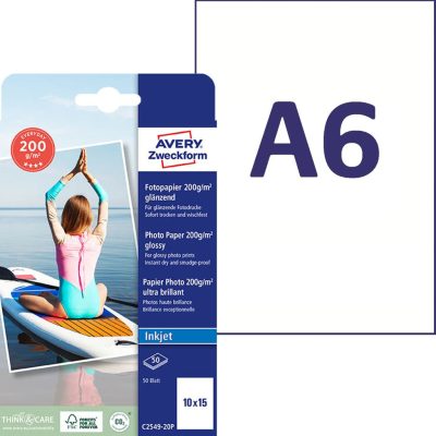 Avery Zweckform No. C2549-20P tintasugaras nyomtatóval nyomtatható A6-os méretű fehér színű 200 g-os különleges minőségű egyoldalas fényes felületű fotópapír - 50 lap / csomag (Avery C2549-20P)
