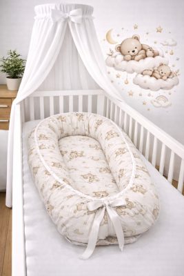 Álomfelhő – Babafészek újszülötteknek | Bézs, szivárványos mackós, 100% pamut, antiallergén, mosható