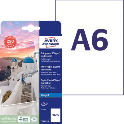 Avery Zweckform No. C2570-20 tintasugaras nyomtatóval nyomtatható A6-os méretű fehér színű 250 g-os prémium minőségű egyoldalas szatén felületű fotópapír - kiszerelés: 20 lap / csomag (Avery C2570-20)