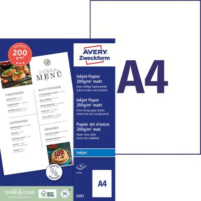 Avery Zweckform No. 2681 tintasugaras nyomtatóval nyomtatható A4-es méretű fehér színű 200 g-os különleges minőségű egyoldalas matt felületű papír - kiszerelés: 50 lap / csomag (Avery 2681)