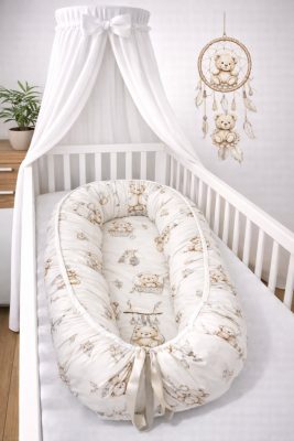 Álomfogó Maci babafészek – bézs színű, pamutvászon, álomhozó mintával