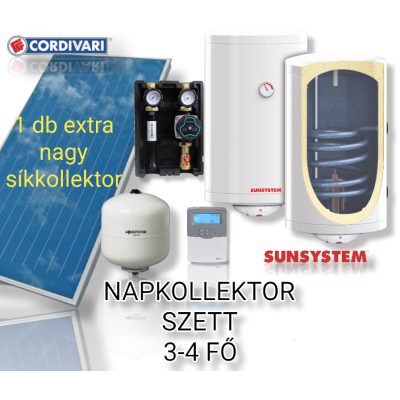 3-4 fő részére Cordivari exra nagy síkkollektoros szett HMV készítés: 1 síkkollektor + 150 literes Sunsystem hőcserélős bojler + szivattyú állomás + vezérlés + tágulási tartály