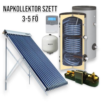 3-5 fő részére napkollektor rendszer: 20 vákuumcsöves kollektor + 200 literes 2 hőcserélős álló bojler + ECO szivattyú állomás + vezérlés + tágulási tartály