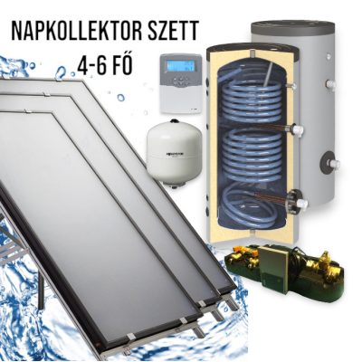 4-6 fő részére napkollektoros rendszer: 3 db síkkollektor + 300 literes 2 hőcserélős Sunystem álló bojler + szivattyú állomás + vezérlés + tágulási tartály