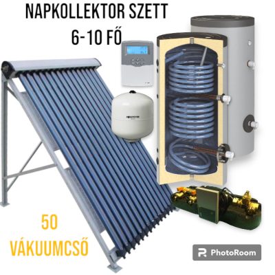 6-10 fő részére napkollektor rendszer: 50 vákuumcső, 500 literes 2 hőcserélős álló bojler, ECO szivattyú állomás, vezérlés, tágulási tartály