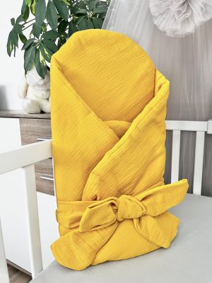 Mustársárga muszlin kókuszpólya – 75x75 cm-es természetes kuckó újszülötteknek