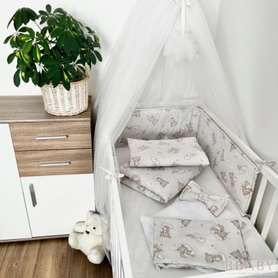 Álomfelhő bézs – szivárványos macis 4 részes babaágynemű szett kisfiúknak és kislányoknak