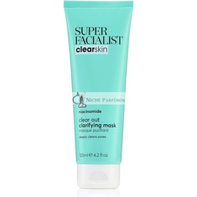 Super Facialist Clear Out Clarifying Mask Akne Kezelés Fekete Póruseltávolító Arcmaszk 1% Niacinamide Teafaol Prebiotikumok Vegánbarát, 125ml