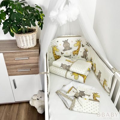 Sweet Time bézs – boldog bébi zsiráf és víziló mintás 4 részes babaágynemű szett