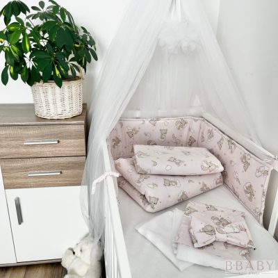 Álomfelhő rózsaszín – szivárványos macis 4 részes babaágynemű szett kislányoknak