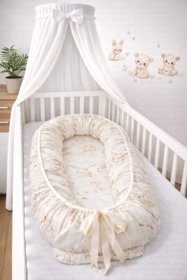 Állatbarát álom babafészek bézs színben – őzike, nyuszi és mackó mintával
