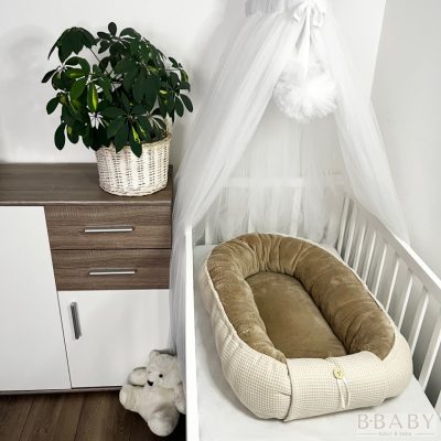 SzunDula babafészek szett – bézs színű waffle pamut és mogyoró plüss ölelés újszülötteknek