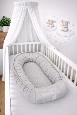 Szürke waffle babafészek – légáteresztő, 100% pamut újszülött fészek