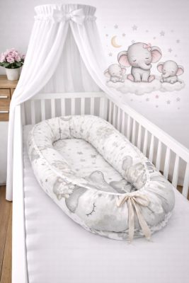 Szürke Álom Elefánt – Babafészek újszülötteknek | Elefántos, szürke, 100% pamut, antiallergén, mosható