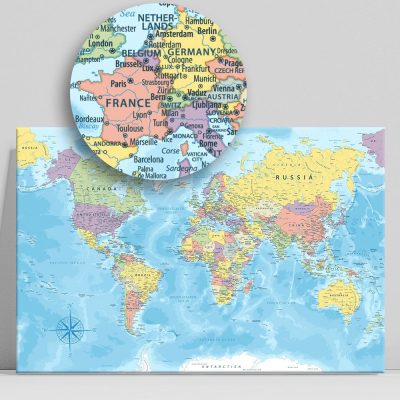 Vespucci 60x40 falitérkép, világtérkép utazóknak vászon 2 és 4 cm-es kivitelben