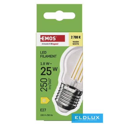 EMOS LED izzó Filament Mini Globe / E27 / 1,8 W (25 W) / 250 lm / Meleg fehér