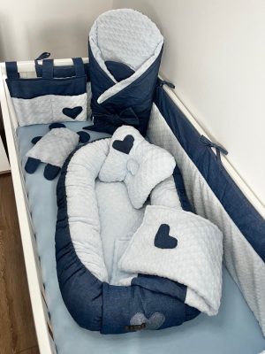 Bluebell Sky 7 részes babaágy szett – világoskék wellsoft és farmer pamut kombinációval