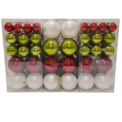 Gömb dobozban műanyag fehér, zöld, piros 3cm, 4cm, 6cm S/100