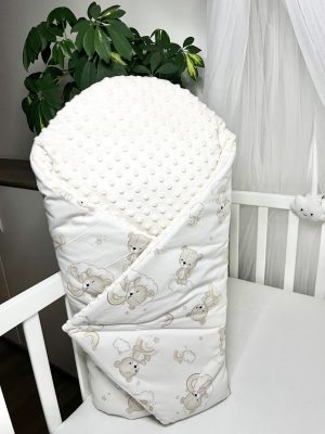 Bbaby kókuszpólya – Álomfelhő Mackó Szivárványos, bézs minky és mackós pamutvászon, kivehető kókuszbetéttel