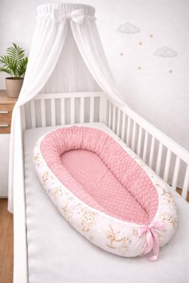 Bbaby babafészek – Állatbarát Álom, rózsaszín és púder minky, állatmintás pamutvászon