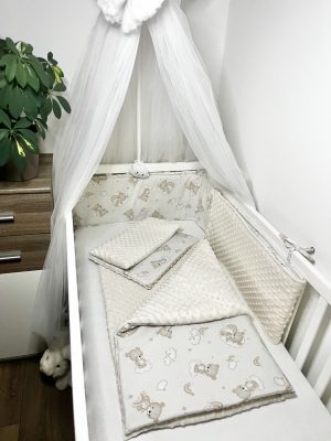 Bbaby 3 részes egybevarrt babaágynemű – Álomfelhő Mackó Szivárványom, bézs minky és szivárványos mackós pamutvászon