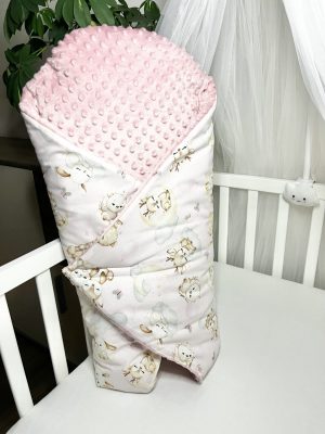 Bbaby kókuszpólya – Állatbarát Álom, rózsaszín és púder minky, állatmintás pamutvászon, kivehető kókuszbetéttel