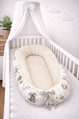 Bbaby babafészek – Dínó, bézs minky és dinoszauruszos pamutvászon