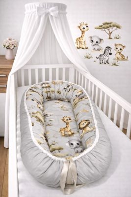 Bbaby babafészek – Afrikai Kaland, szürke szafari mintás pamutvászon