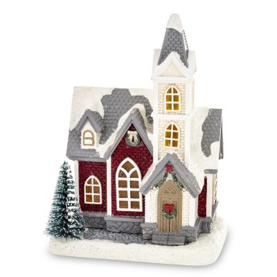 Kápolna fenyőfával Led-es poly 15x11x8cm