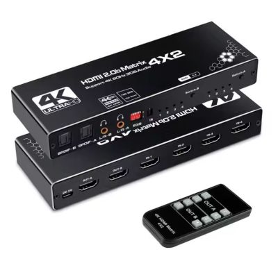 4K HDMI Matrix 4x2 HDMI2.0b kapcsolóelosztó + optikai és bal/jobb audiokimenet, skálázó EDID távirányítóval