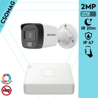 Hikvision 1 cső kamerás analóg megfigyelőrendszer 2MP biztonsági kamera, IR megvilágítás 20 m, fehér fény 20 m, kültéri