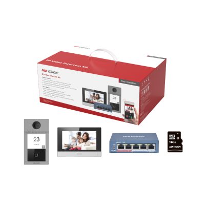 Hikvision DS-KIS604-S(C)(O-STD)/EU Egylakásos IP video kaputelefon szett, beltéri-kültéri egységgel, 4 portos PoE switch-el, 16GB microSD kártyával, 1 db tápegységgel