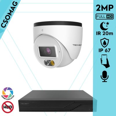 Techson 1 turret kamerás IP megfigyelőrendszer 2MP HD turret biztonsági kamera, 2.8 mm-es fix objektívvel, PoE, beépített mikrofonnal, hibrid fényű megvilágítás, kültéri, fém ház