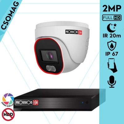 Provision 1 dome kamerás IP megfigyelőrendszer 2MP HD dome biztonsági kamera, 2.8 mm-es fix objektívvel, hibrid világítással, PoE, beépített mikrofonnal, IR 20m, kültéri