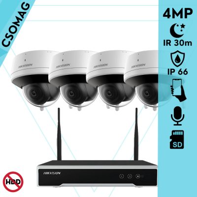 Hikvision 4 dóm kamerás WIFI megfigyelőrendszer 4MP dóm biztonsági kamera, 4.0 mm-es fix objektívvel, beépített WiFi antennával és mikrofonnal, microSD kártyafoglalat, infravörös éjjellátó, IR 30m, kültéri