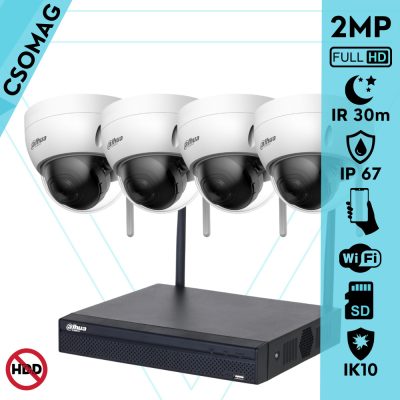 Dahua 4 dóm kamerás WIFI megfigyelőrendszer 2MP dóm biztonsági kamera, 2.8 mm-es fix objektívvel, beépített WiFi antennával, microSD kártyafoglalat, IR LED 30m, IK10 vandálbiztos, kültéri