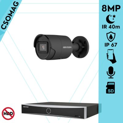 Hikvision 1 cső kamerás IP megfigyelőrendszer 8MP cső biztonsági kamera, AcuSense, 2.8 mm-es fix objektívvel, PoE, IR LED 40m, beépített mikrofonnal, fekete fém ház, kültéri