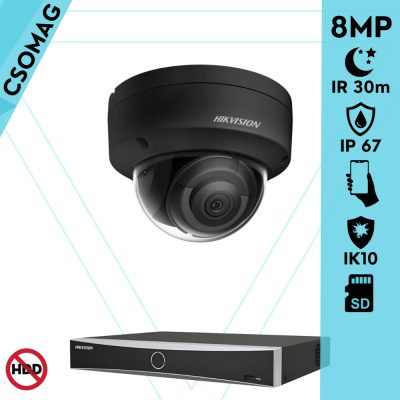 Hikvision 1 dome kamerás IP megfigyelőrendszer 8MP dome biztonsági kamera, AcuSense, 2.8 mm-es fix objektívvel, PoE, P2P, IR LED 30m, fekete fém ház, kültéri, IK10 vandálbiztos
