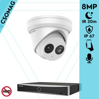 Hikvision 1 turret kamerás IP megfigyelőrendszer 8MP turret biztonsági kamera, 2.8 mm-es fix objektívvel, PoE, IR LED 30m, beépített mikrofonnal, fém ház, kültéri