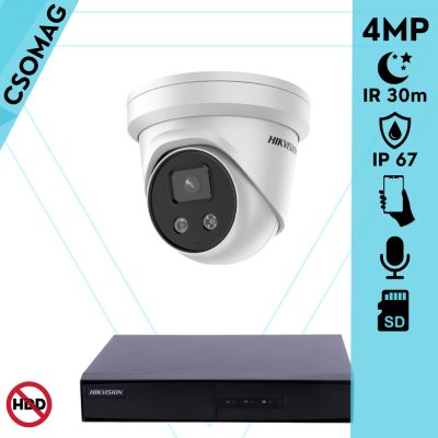 Hikvision 1 turret kamerás IP megfigyelőrendszer 4MP turret biztonsági kamera, 2.8 mm-es fix objektívvel, beépített mikrofon, microSD, valós WDR, PoE, P2P, IR LED 30m, fém ház, kültéri