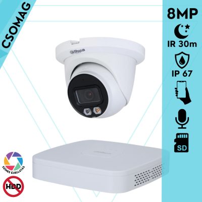 Dahua 1 turret kamerás IP megfigyelőrendszer 8MP turret biztonsági kamera, 2.8 mm-es fix objektívvel, PoE, microSD kártyafoglalat, hibrid megvilágítással, fém ház, kültéri