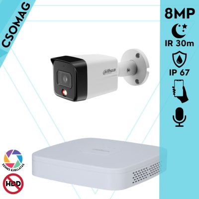 Dahua 1 cső kamerás IP megfigyelőrendszer 8MP cső biztonsági kamera, 2.8 mm-es fix objektívvel, PoE, beépített mikrofonnal, hibrid megvilágítással, fém ház, kültéri