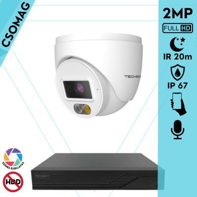 Techson 1 turret kamerás IP megfigyelőrendszer 2MP turret biztonsági kamera, 2.8 mm-es fix objektív, PoE, beépített mikrofonnal, hibrid világítással 20m-ig, kültéri