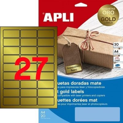 APLI No. 14887 arany színű 63,5 x 29,6 mm méretű, lézernyomtatóval nyomtatható, öntapadós etikett címke, permanens ragasztóval A4-es íven - kiszerelés: 540 címke / 20 ív (LCA14887)
