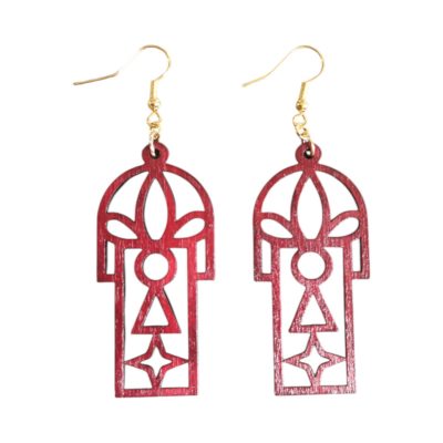 Piros íves lézervágott fa fülbevaló
