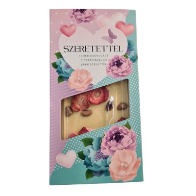 Szeretettel táblás fehér csokoládé pisztáciával és eper szelettel 100g