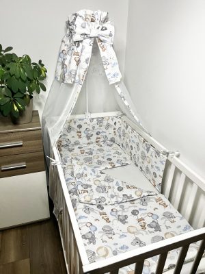 Bbaby 4 részes babaágynemű – Lufis Állatok, pamutvászon, párna, takaró, rácsvédő, baldachinfüggöny