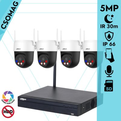 Dahua 4 dóm kamerás WIFI megfigyelőrendszer 5MP dóm biztonsági kamera, 4.0 mm-es fix objektívvel, beépített WiFi antennával és mikrofonnal, microSD kártyafoglalat, hibrid megvilágítással, megvilágítási távolság 30m, kültéri