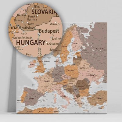 Európa térkép, vászonkép országok barna