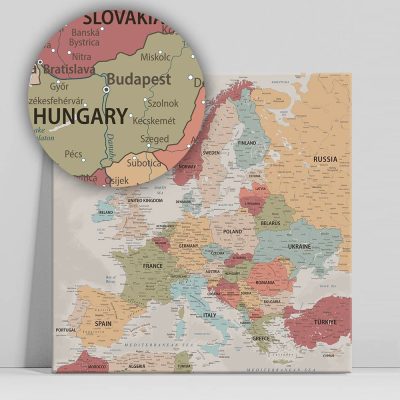 Európa térkép, vászonkép országok színes